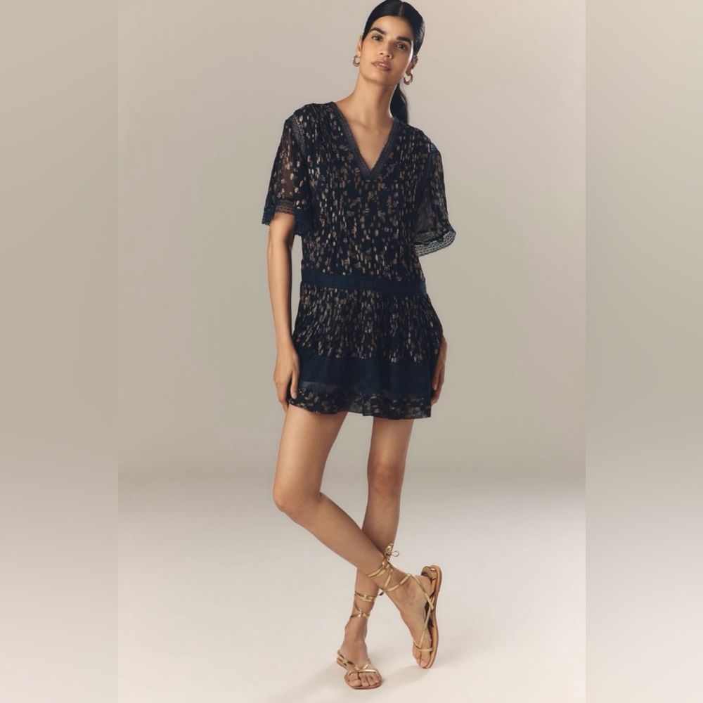 Anthropologie V-Neck Lurex Tiered Mini Dress in Navy Floral Combo